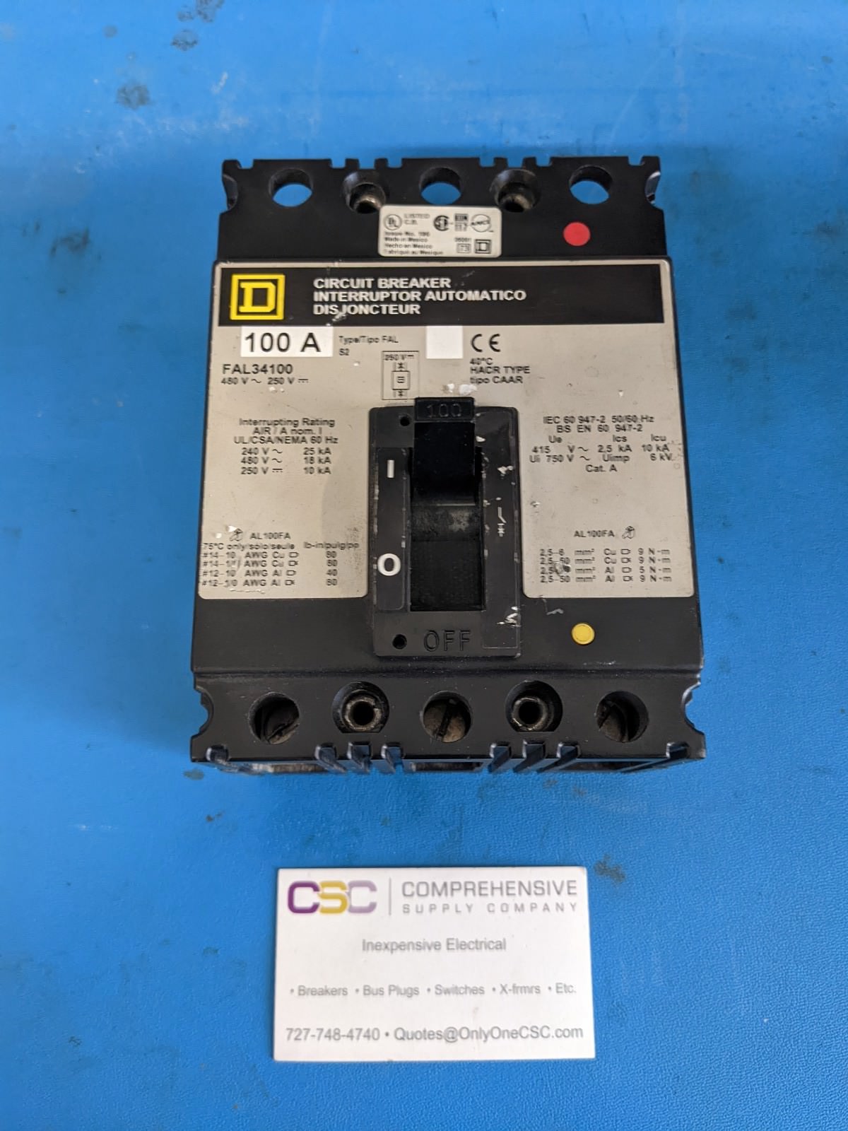 FAL34100 - Square D 100A Amp 3P Pole 18kA@480V Bolt On Circuit Breaker W/Gray Label