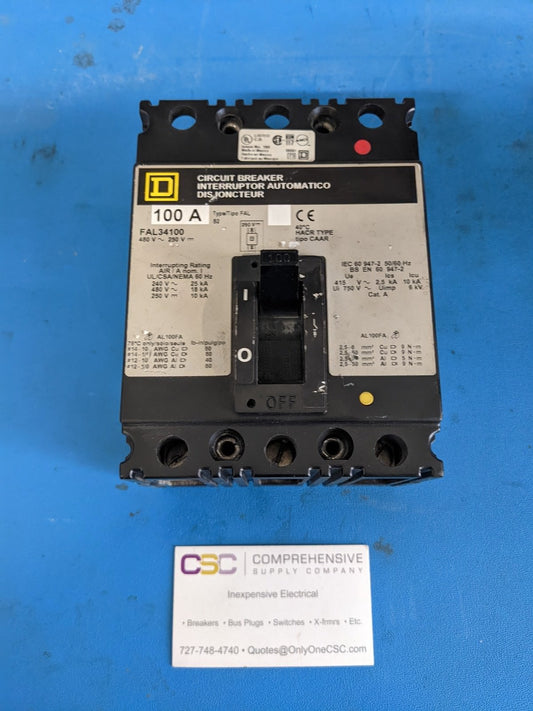 FAL34100 - Square D 100A Amp 3P Pole 18kA@480V Bolt On Circuit Breaker W/Gray Label