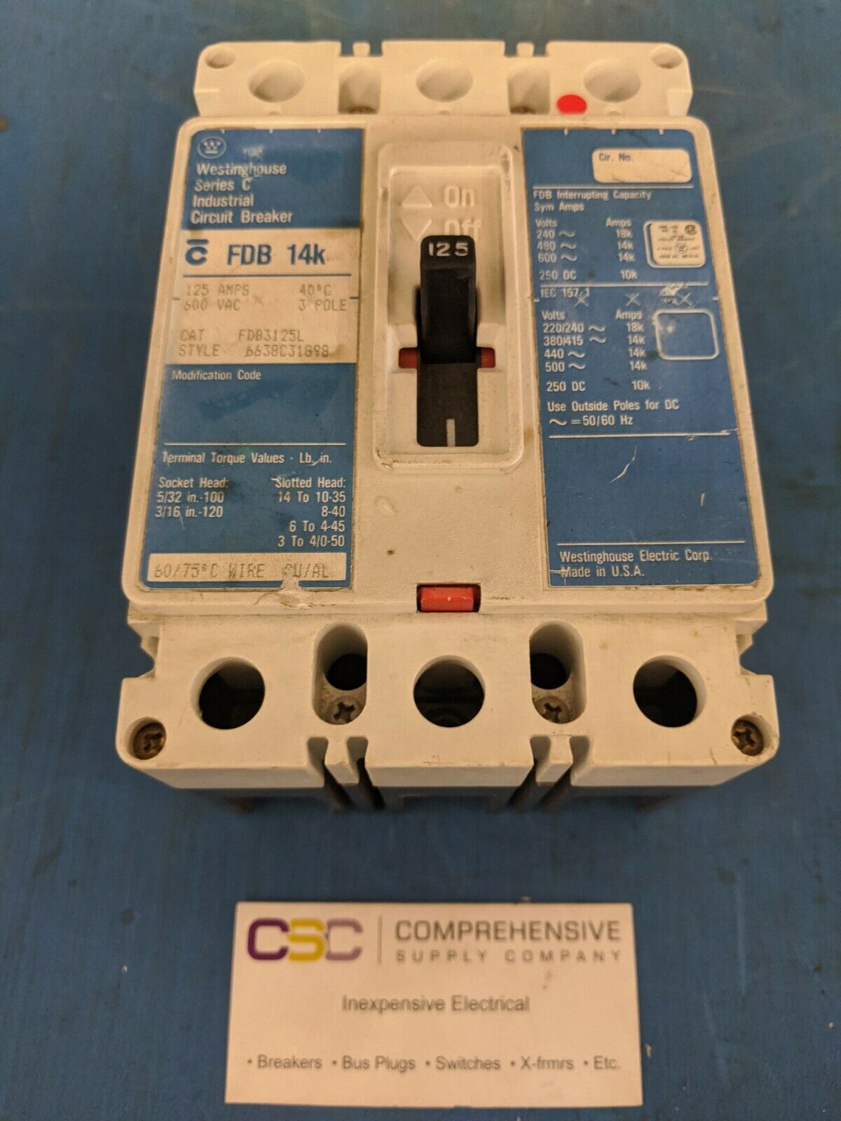 FDB3125L - Westinghouse 125A Amp 3P Pole 600V 14kA@480V Bolt On Circuit Breaker W/ Blue Label