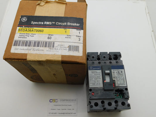 SEDA36AT0060 - GE 60A Amp 3P Pole 600V 18kA@480V Bolt On Circuit Breaker