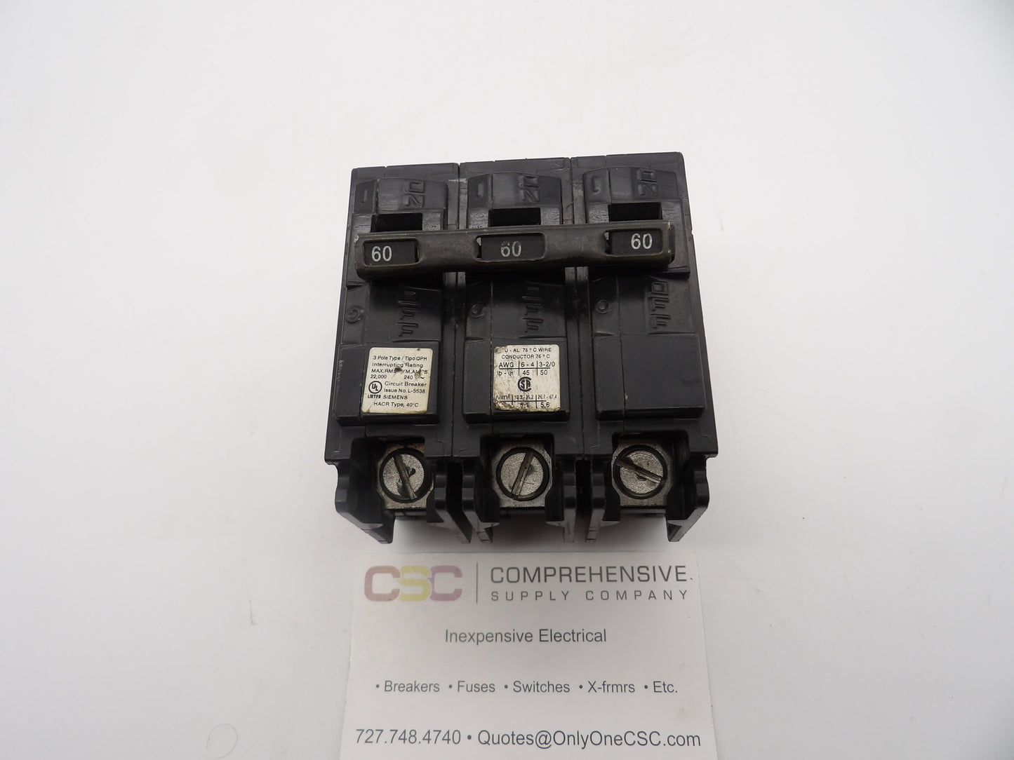 Q360H - Siemens 60A Amp 3P Pole 22kA@240V Plug On Circuit Breaker