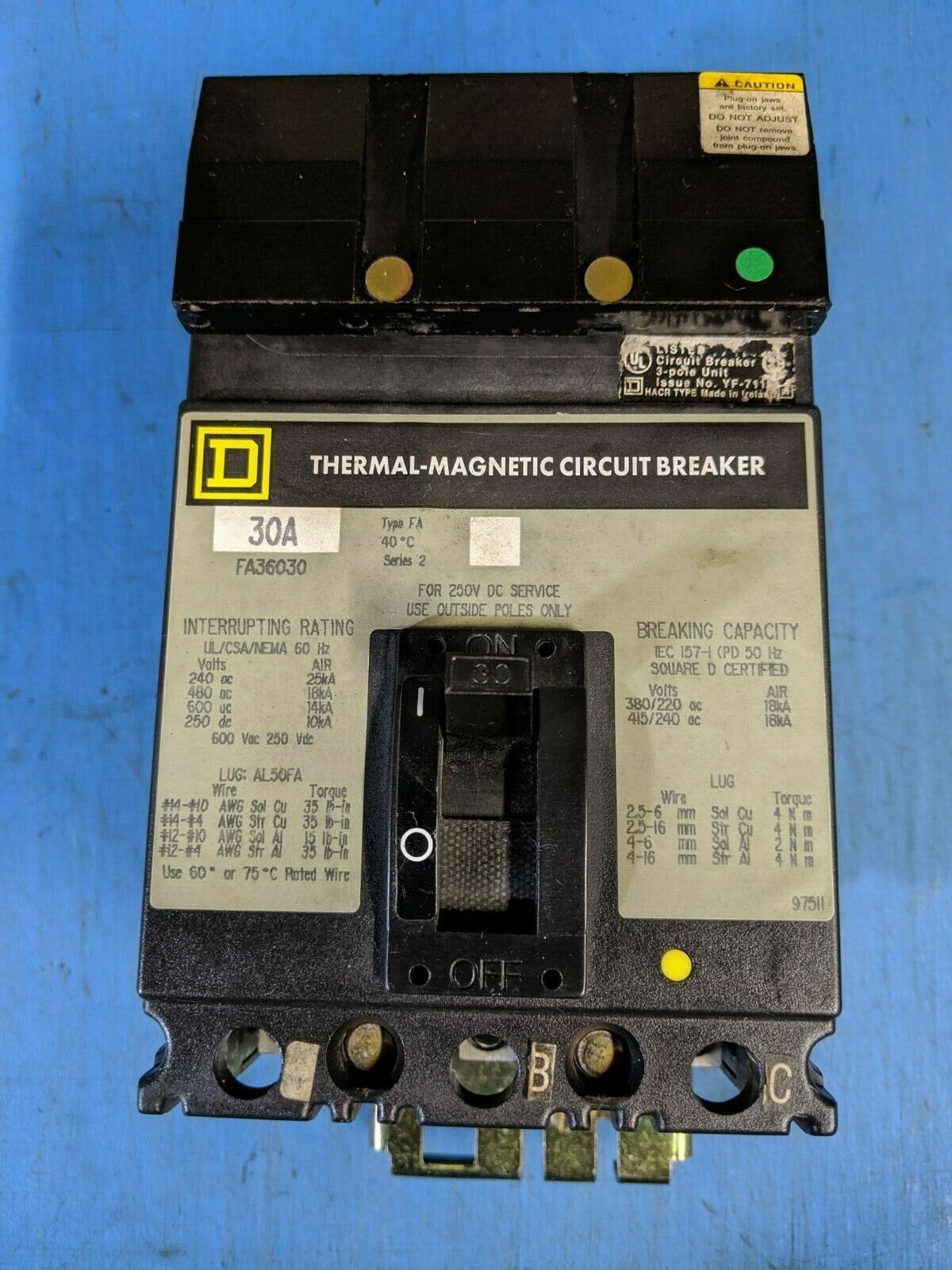 FA36030 - Square D 30A Amp 3P Pole 600V 18kA@480V I-Line Plug On Circuit Breaker W/Gray Label