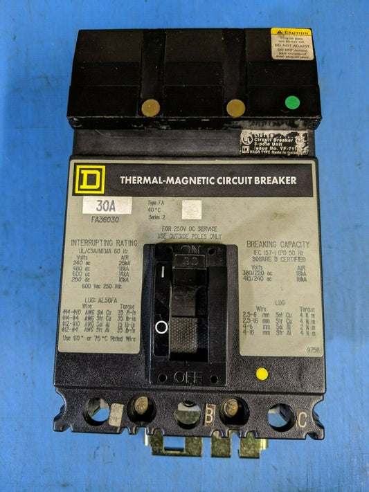 FA36030 - Square D 30A Amp 3P Pole 600V 18kA@480V I-Line Plug On Circuit Breaker W/Gray Label