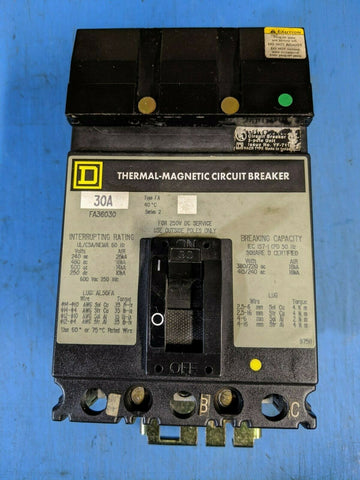 FA36030 - Square D 30A Amp 3P Pole 600V 18kA@480V I-Line Plug On Circuit Breaker W/Gray Label