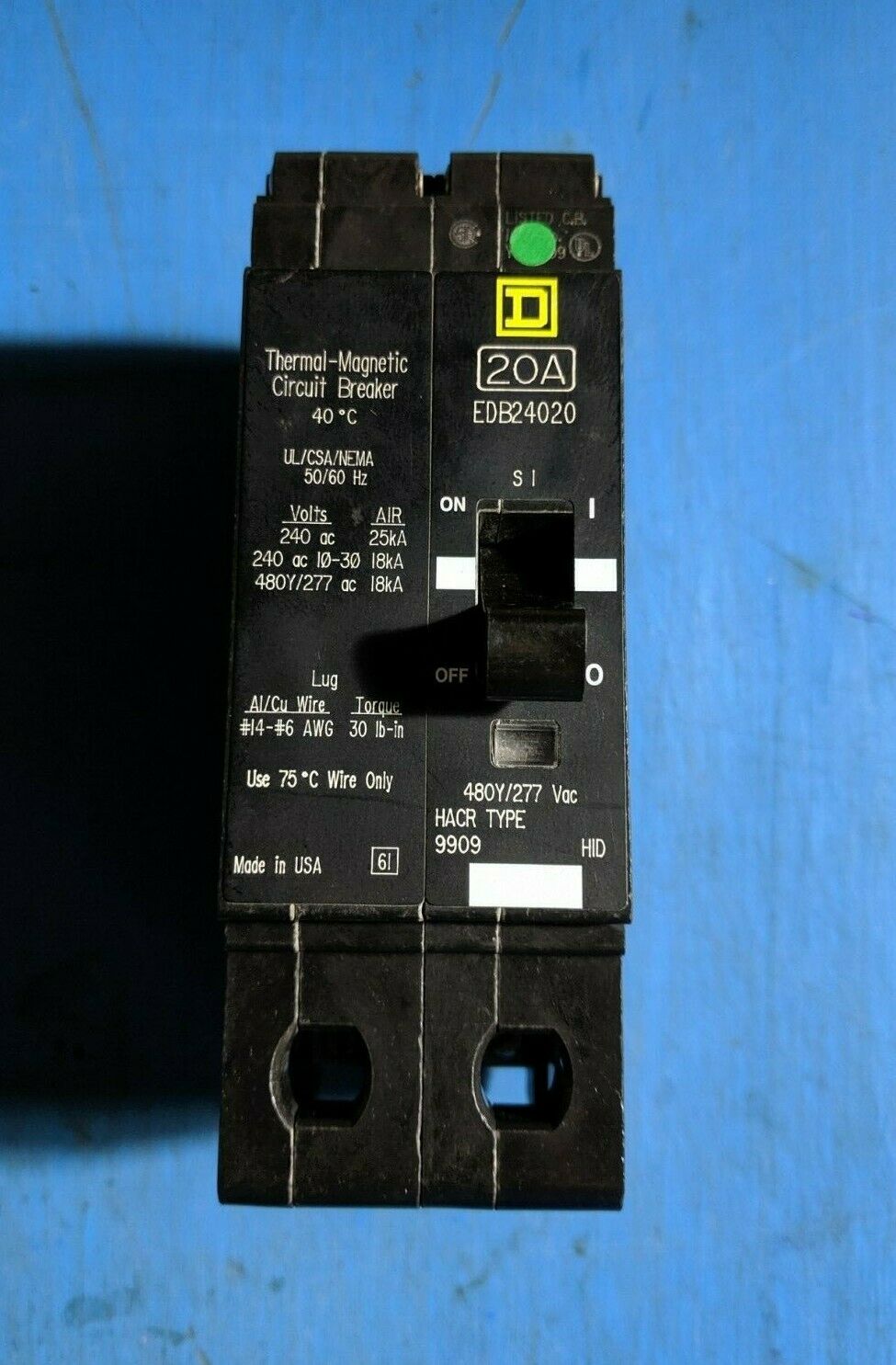 EDB24020 - Square D 20A Amp 2P Pole 18kA@480Y/277V Bolt On Circuit Breaker - Older Series