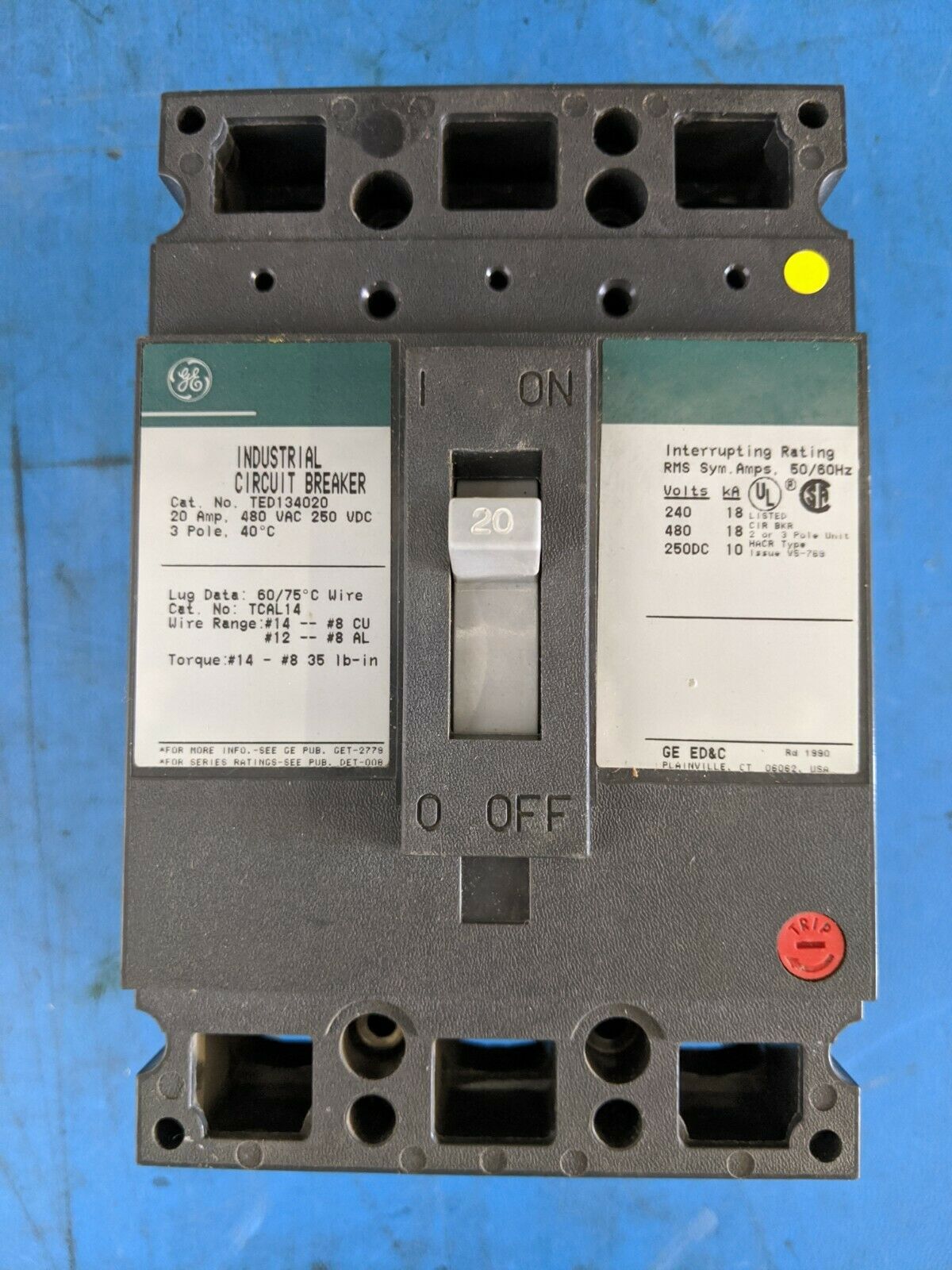 TED134020 - GE 20A Amp 3P Pole 14kA@480V Bolt On Circuit Breaker