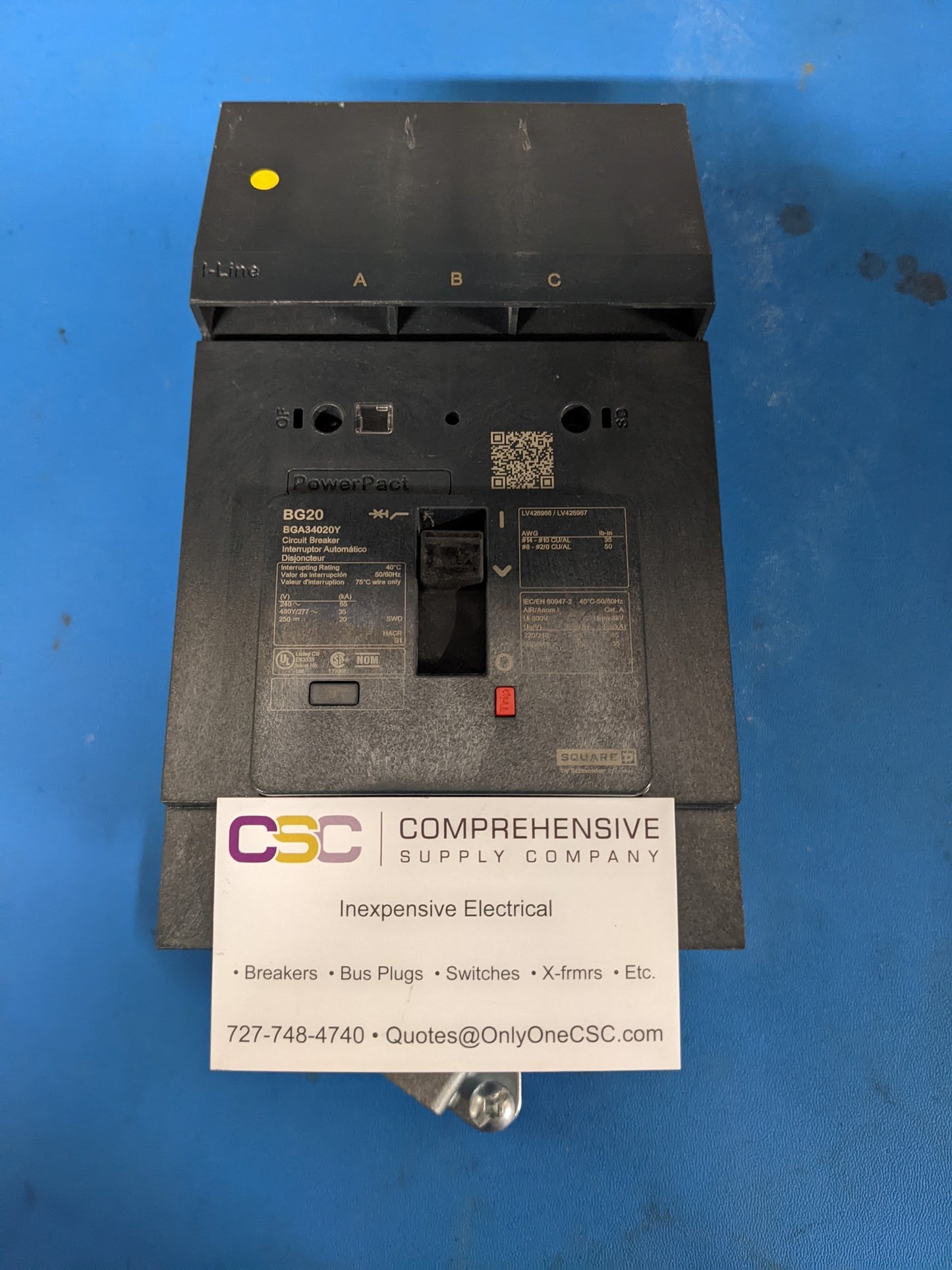 BGA34020Y - Square D 20A Amp 3P Pole 35kA@480Y/277V I-Line Plug On Powerpact Circuit Breaker
