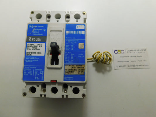 FD3125 - Eaton 125A Amp 3P Pole 600V 35kA@480V Bolt On Circuit Breaker W/Blue Label & 120V Shunt Trip