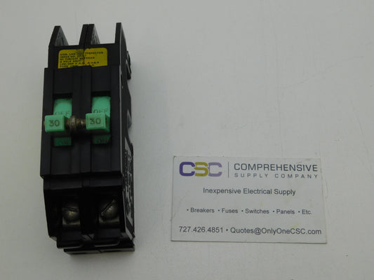 QC230 - Zinsco 30A Amp 2P Pole 10kA@120/240V Plug On Circuit Breaker W/Green Handle