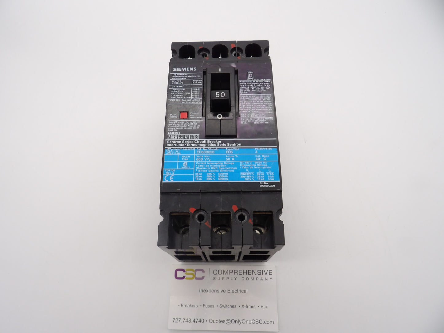 ED63B050 - Siemens 50A Amp 3P Pole 600V 25kA@480V Feed Through Circuit Breaker W/Black Label