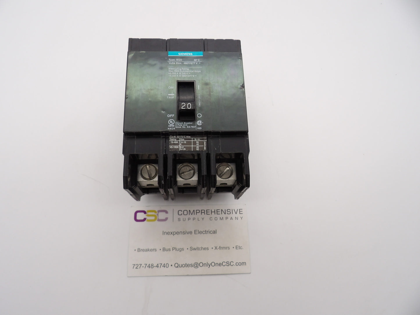 BQD320 - Siemens 20A Amp 3P Pole 14kA@480Y/277V Bolt On Circuit Breaker