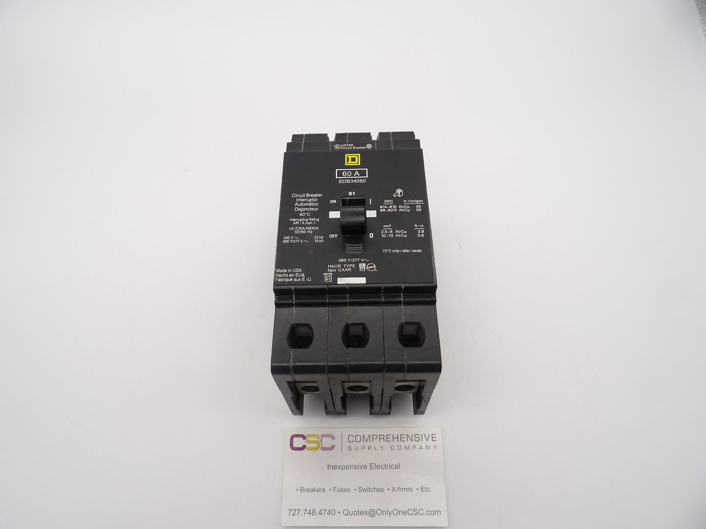 EDB34060 - Square D 60A Amp 3P Pole 18kA@480Y/277V Bolt On Circuit Breaker